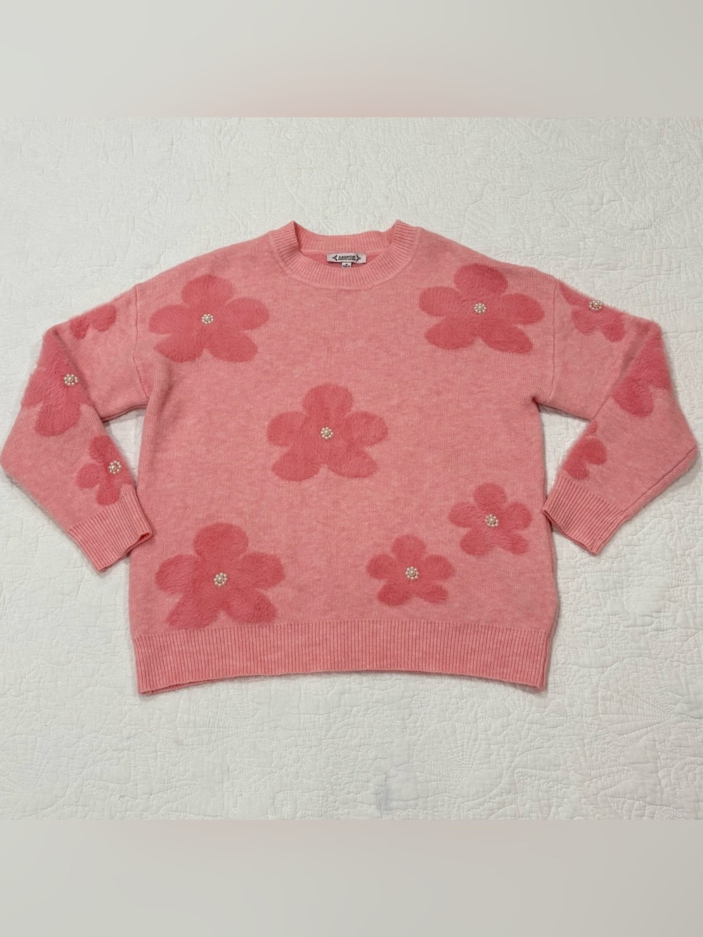 Nanette Lepore Flower Sweater Sz M Blush Pink Fuzzy Eyelash Knit Pearl Coquette